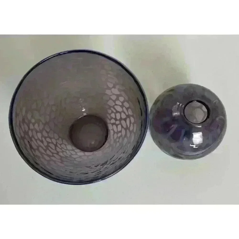Two Hand Blown Art Glass Vases Purple Tortoise shell spots Clear pontil mark